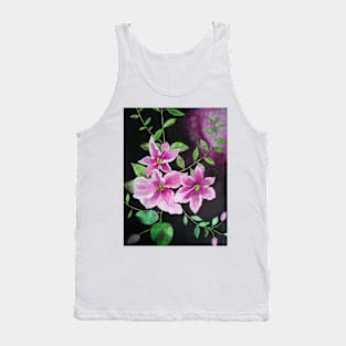 Purple pink clematis flowers watercolor painting against a dark background Tank Top